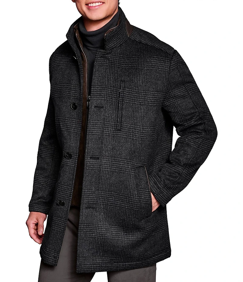 Johnston & Murphy Long Sleeve Upton Plaid Wool Blend Car Coat