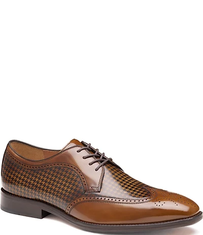 Johnston & Murphy Men's Sullivan Houndstooth Calfskin Brogue Detail Wingtip Oxfords