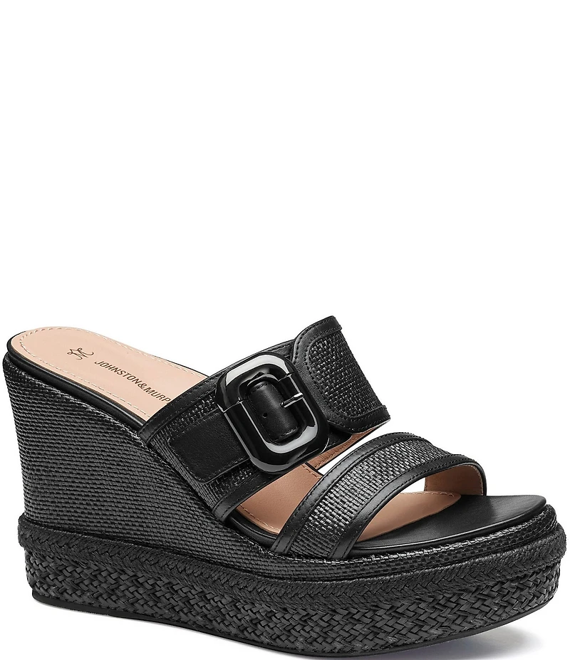 Johnston & Murphy Women's Addison Raffia Leather Slide Wedge Platform Sandals