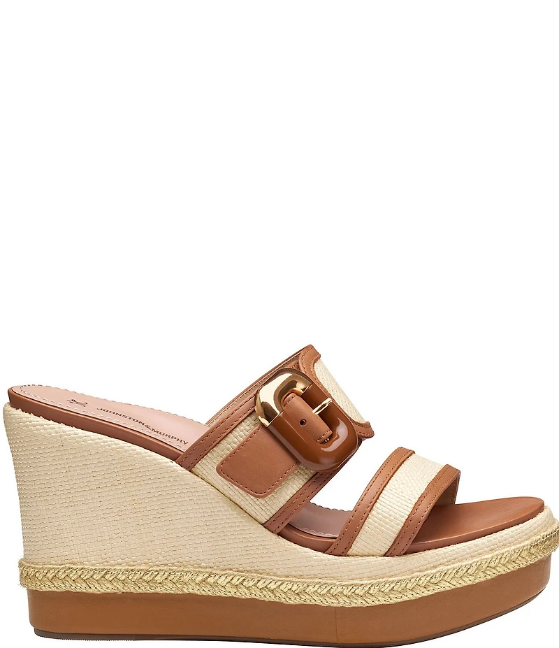 Johnston & Murphy Women's Addison Raffia Leather Slide Wedge Platform Sandals