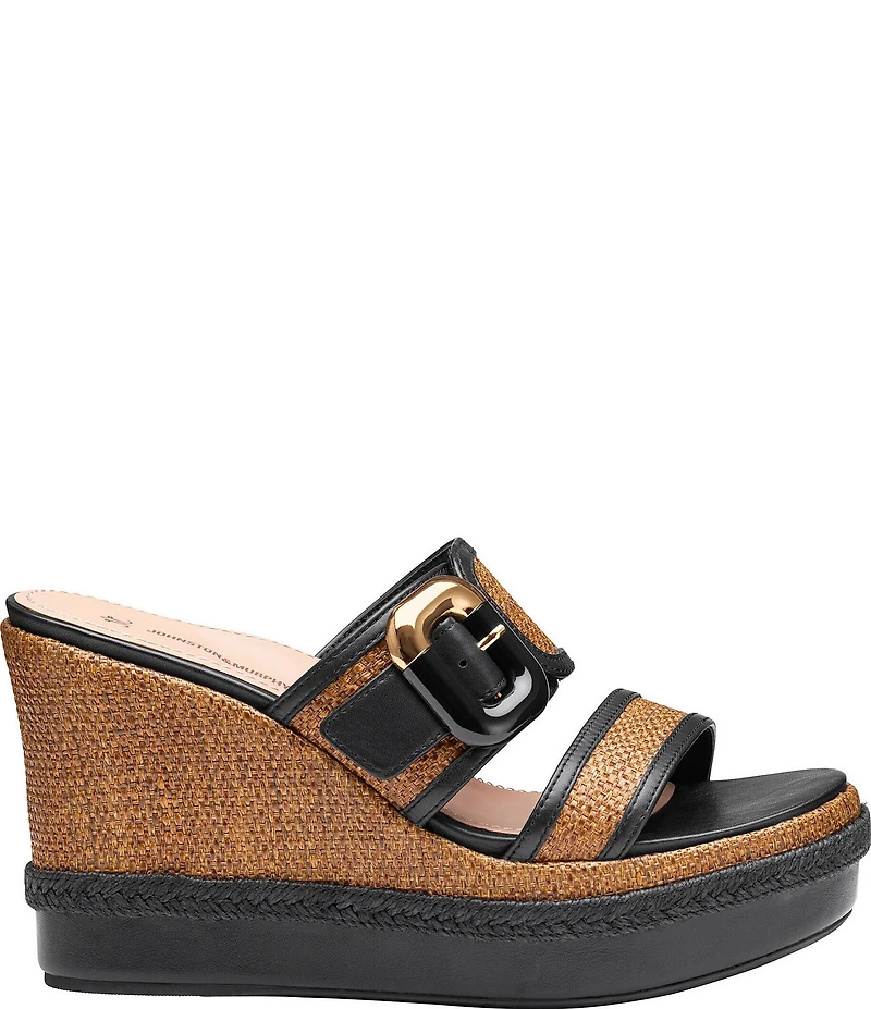 Johnston & Murphy Women's Addison Raffia Leather Slide Wedge Platform Sandals