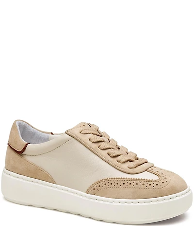 Johnston & Murphy Women's Cammie Leather and Suede Brogue Detail T-Toe Lace Up Platform Sneakers
