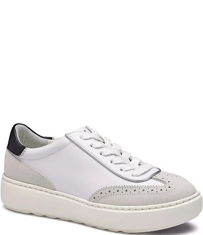 Johnston & Murphy Women's Cammie Leather and Suede Brogue Detail T-Toe Lace Up Platform Sneakers