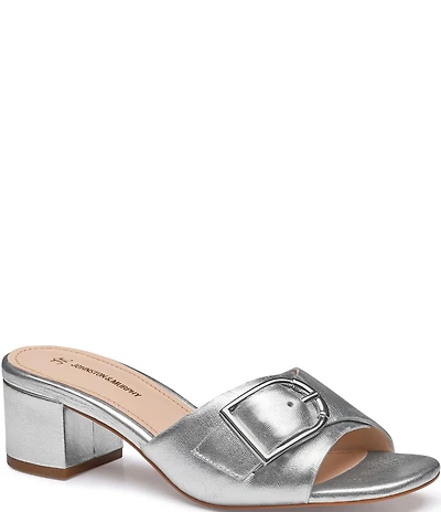 Johnston & Murphy Women's Edith Buckle Metallic Leather Block Heel Slide Sandals