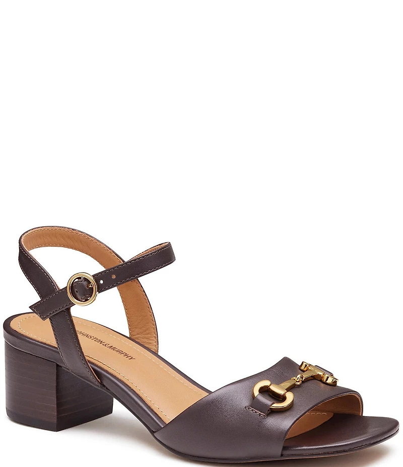Johnston & Murphy Women's Edith Leather Bit Buckle Ankle Strap Stack Heel Sandals