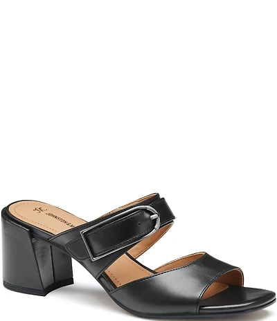 Johnston & Murphy Women's Everly Leather Buckle Hardware Banded Slides Sandals