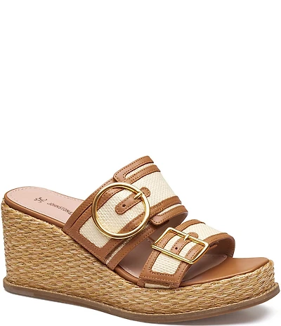 Johnston & Murphy Women's Mallory Double Buckle Raffia Wedge Slide Sandals