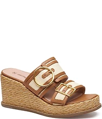 Johnston & Murphy Women's Mallory Double Buckle Raffia Wedge Slide Sandals