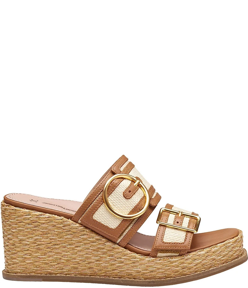 Johnston & Murphy Women's Mallory Double Buckle Raffia Wedge Slide Sandals