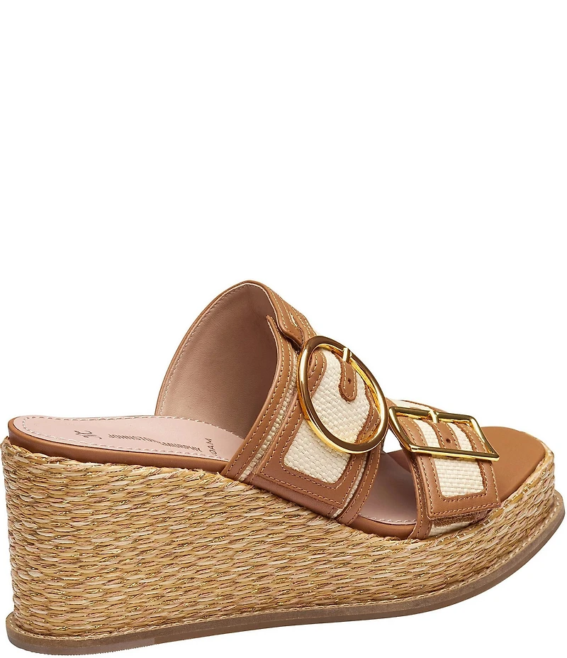 Johnston & Murphy Women's Mallory Double Buckle Raffia Wedge Slide Sandals