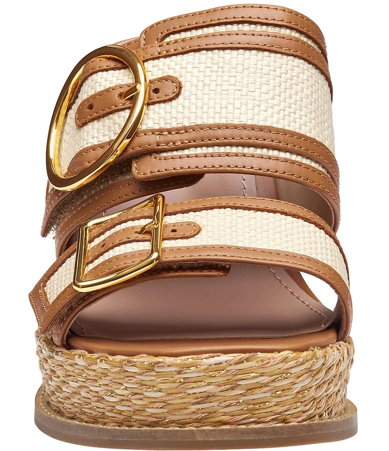 Johnston & Murphy Women's Mallory Double Buckle Raffia Wedge Slide Sandals