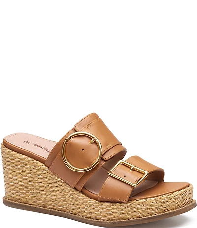 Johnston & Murphy Women's Mallory Leather Double Buckle Slide Raffia Wedge Sandals