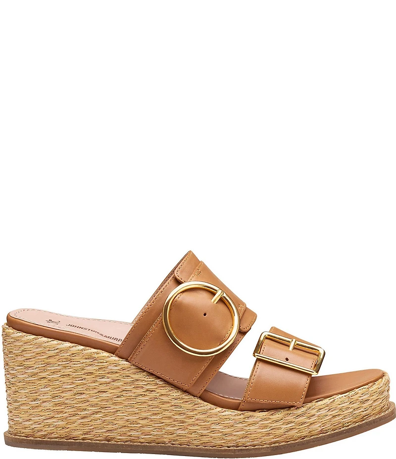 Johnston & Murphy Women's Mallory Leather Double Buckle Slide Raffia Wedge Sandals