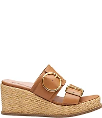 Johnston & Murphy Women's Mallory Leather Double Buckle Slide Raffia Wedge Sandals