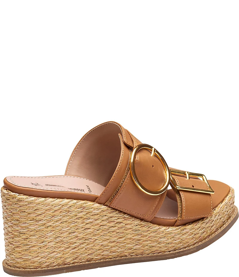 Johnston & Murphy Women's Mallory Leather Double Buckle Slide Raffia Wedge Sandals