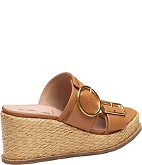 Johnston & Murphy Women's Mallory Leather Double Buckle Slide Raffia Wedge Sandals
