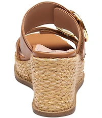 Johnston & Murphy Women's Mallory Leather Double Buckle Slide Raffia Wedge Sandals