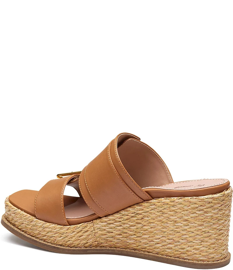 Johnston & Murphy Women's Mallory Leather Double Buckle Slide Raffia Wedge Sandals