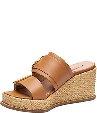 Johnston & Murphy Women's Mallory Leather Double Buckle Slide Raffia Wedge Sandals