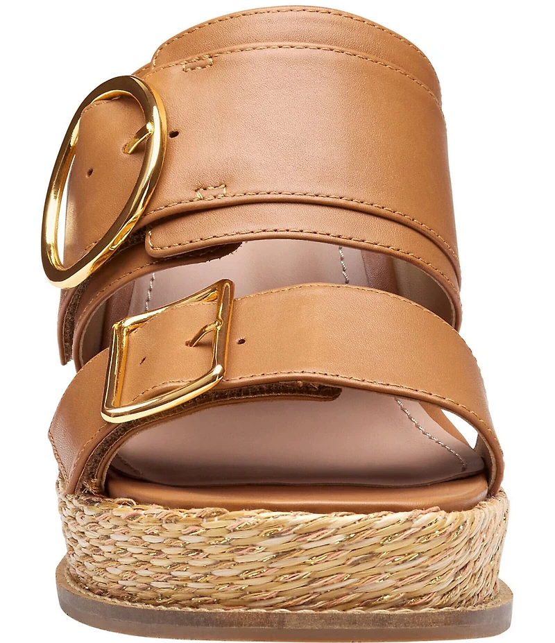 Johnston & Murphy Women's Mallory Leather Double Buckle Slide Raffia Wedge Sandals