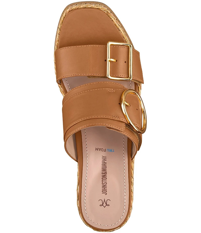 Johnston & Murphy Women's Mallory Leather Double Buckle Slide Raffia Wedge Sandals