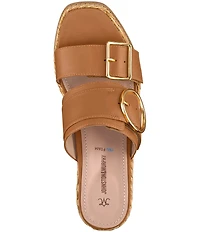 Johnston & Murphy Women's Mallory Leather Double Buckle Slide Raffia Wedge Sandals