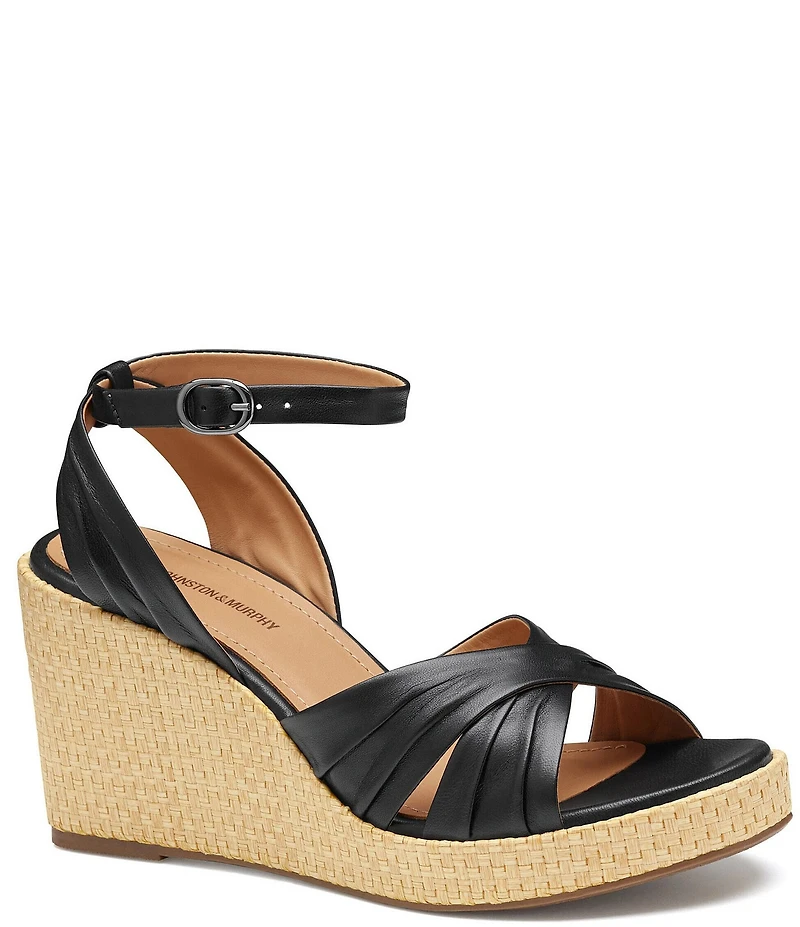 Johnston & Murphy Women's Marcia Leather Cross-Band Espadrille Platform Wedge Sandals