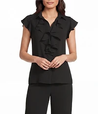 Jones New York Collared V-Neck Flutter Sleeve Ruffle Button Front Blouse