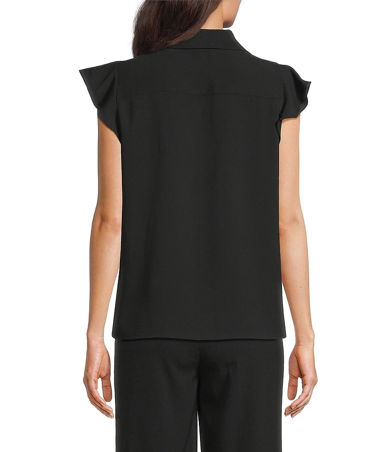 Jones New York Collared V-Neck Flutter Sleeve Ruffle Button Front Blouse