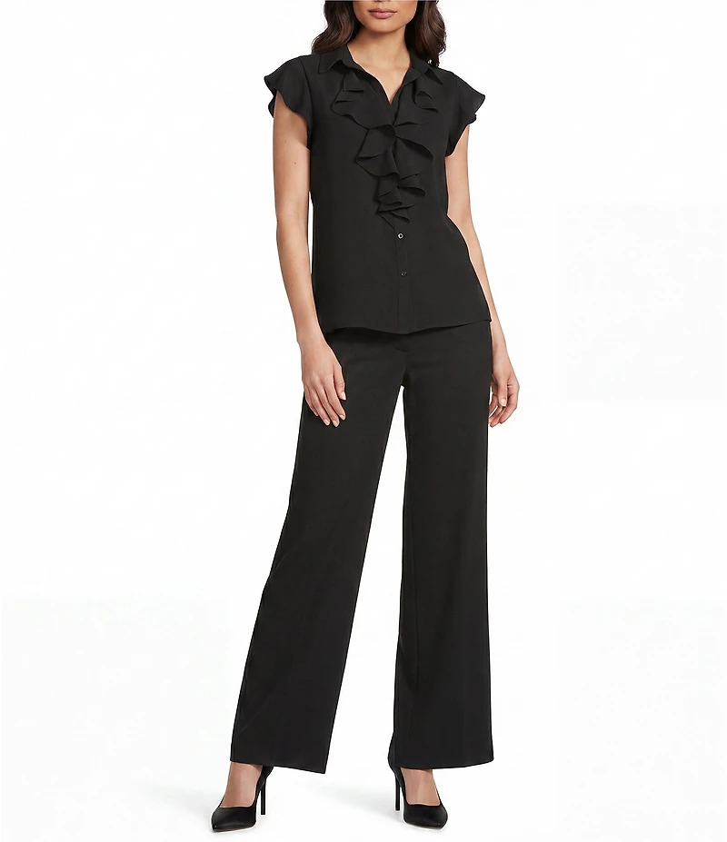 Jones New York Collared V-Neck Flutter Sleeve Ruffle Button Front Blouse