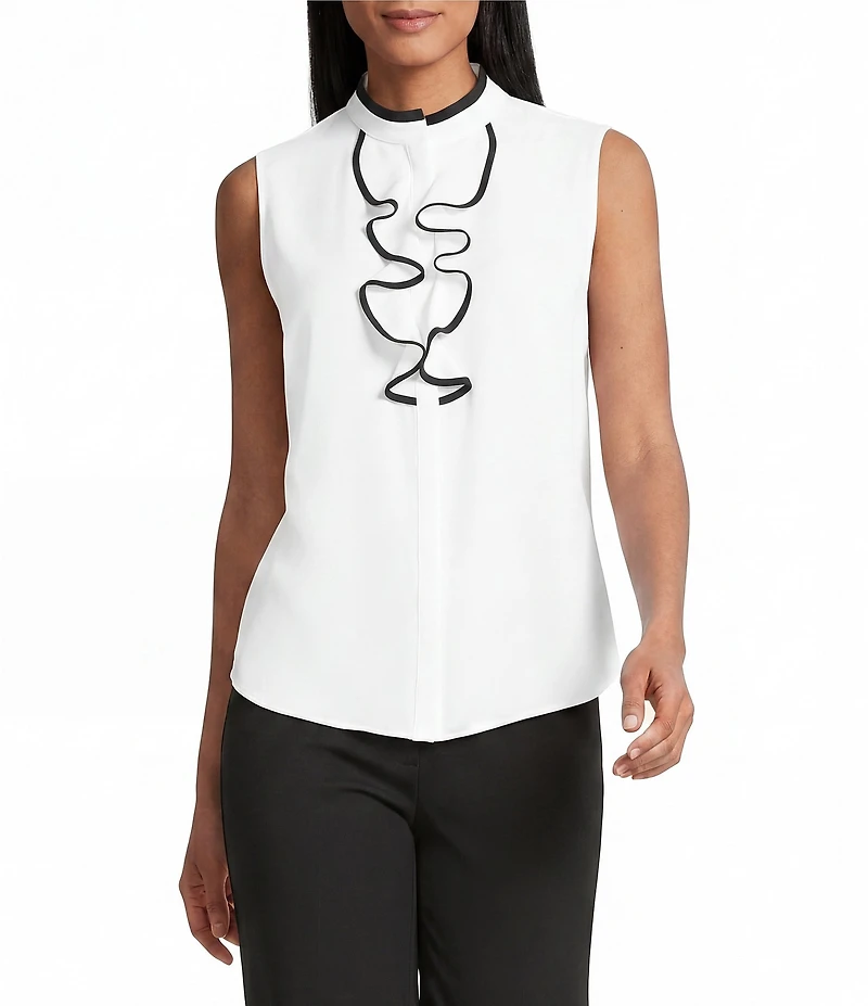 Jones New York Contrast Piping Ruffle Front Sleeveless Blouse