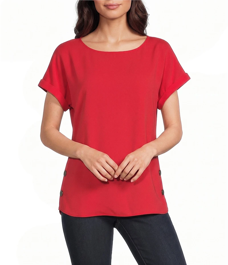 Jones New York Crepe Crew Neck Short Sleeve Side Button Detail Blouse