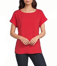 Jones New York Crepe Crew Neck Short Sleeve Side Button Detail Blouse
