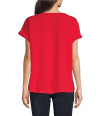 Jones New York Crepe Crew Neck Short Sleeve Side Button Detail Blouse