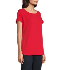 Jones New York Crepe Crew Neck Short Sleeve Side Button Detail Blouse