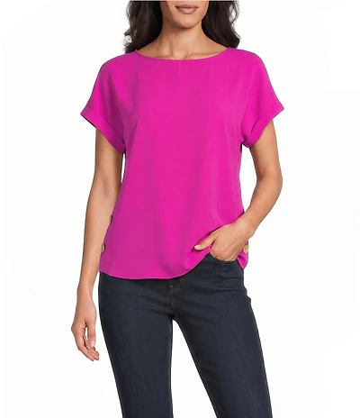 Jones New York Crepe Crew Neck Short Sleeve Side Button Detail Blouse