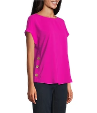 Jones New York Crepe Crew Neck Short Sleeve Side Button Detail Blouse