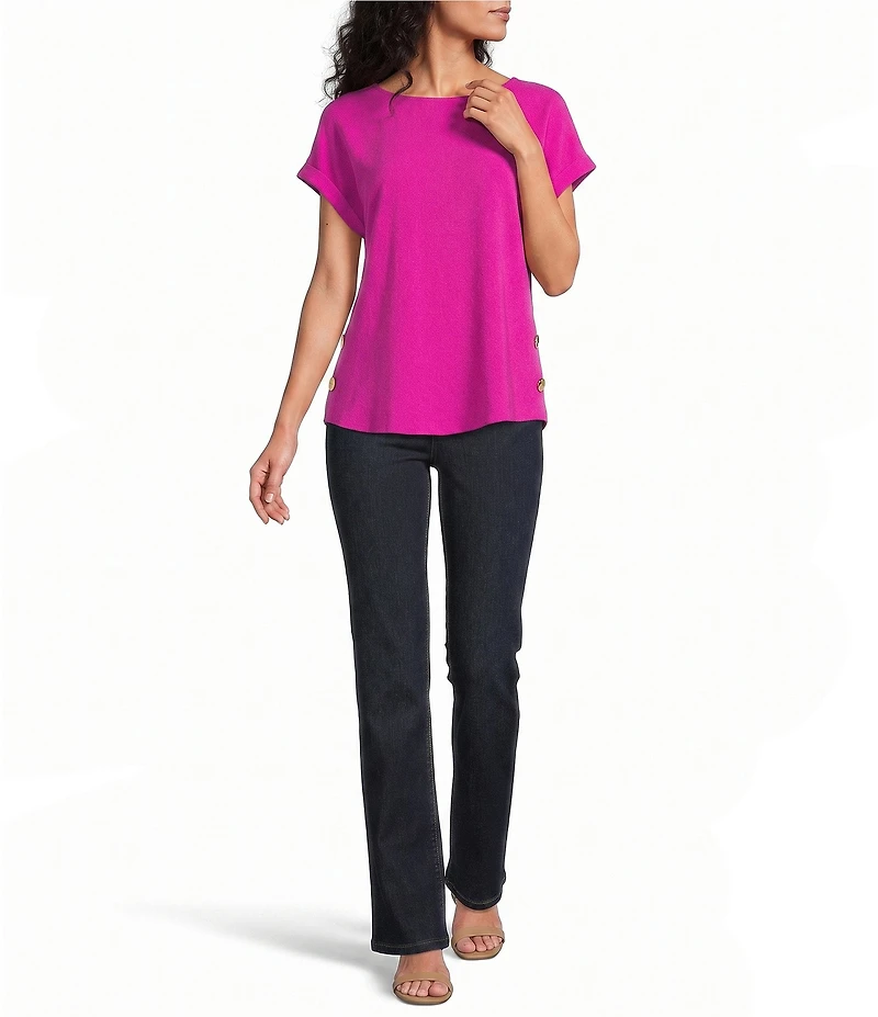 Jones New York Crepe Crew Neck Short Sleeve Side Button Detail Blouse