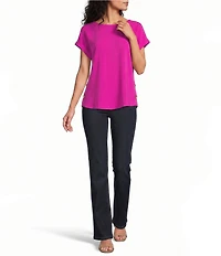 Jones New York Crepe Crew Neck Short Sleeve Side Button Detail Blouse