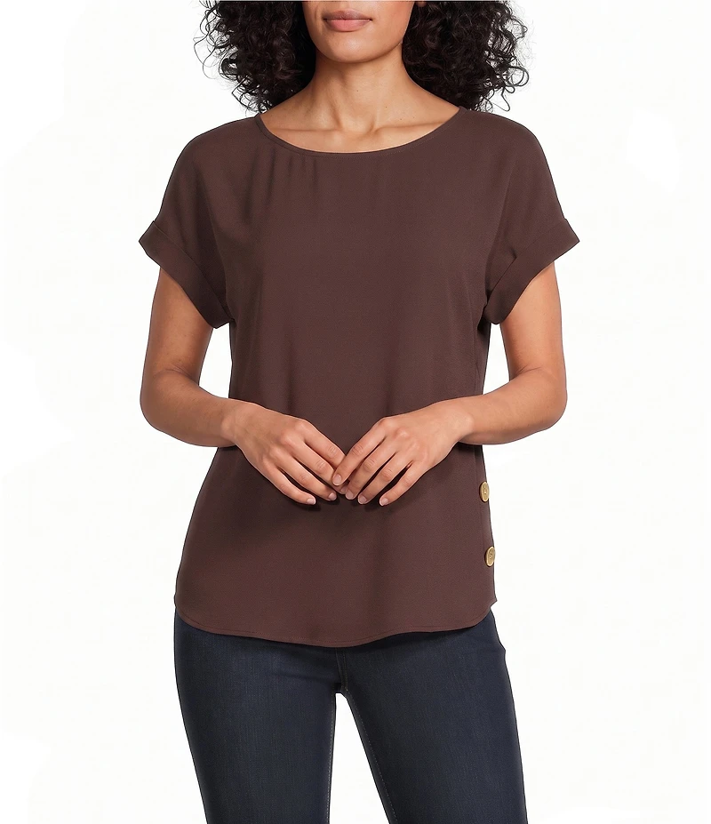 Jones New York Crepe Crew Neck Short Sleeve Side Button Detail Blouse