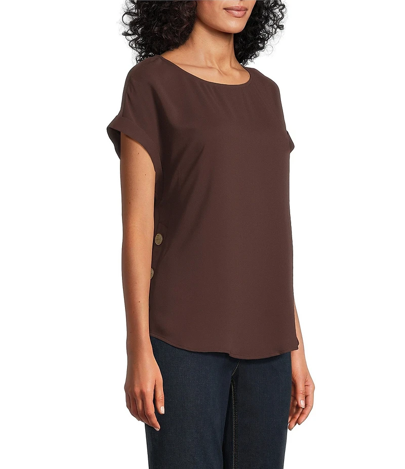 Jones New York Crepe Crew Neck Short Sleeve Side Button Detail Blouse