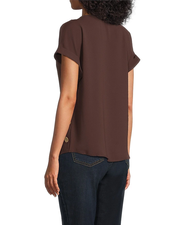 Jones New York Crepe Crew Neck Short Sleeve Side Button Detail Blouse