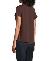 Jones New York Crepe Crew Neck Short Sleeve Side Button Detail Blouse