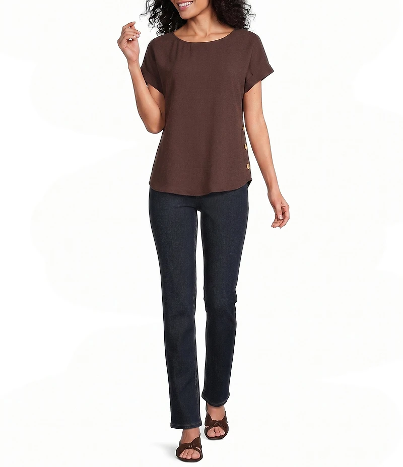 Jones New York Crepe Crew Neck Short Sleeve Side Button Detail Blouse