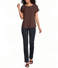 Jones New York Crepe Crew Neck Short Sleeve Side Button Detail Blouse