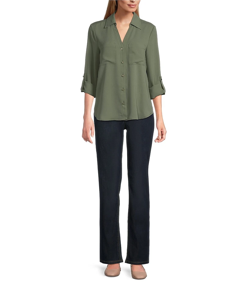 Jones New York Crepe Point Collar Roll Tab Button Front Top