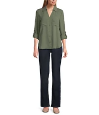 Jones New York Crepe Point Collar Roll Tab Button Front Top
