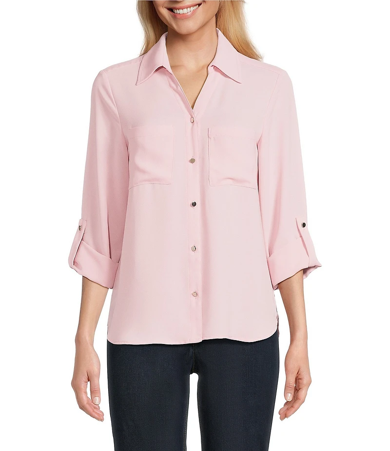 Jones New York Crepe Point Collar Roll Tab Button Front Top