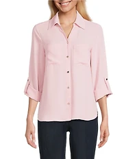 Jones New York Crepe Point Collar Roll Tab Button Front Top