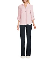 Jones New York Crepe Point Collar Roll Tab Button Front Top